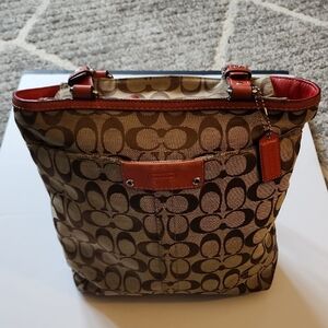 Coach Tan and Red Signature Tote